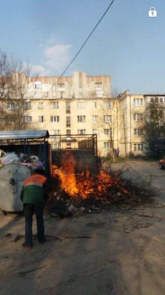 Коммунальщики возле школы сжигают сухие ветви 
