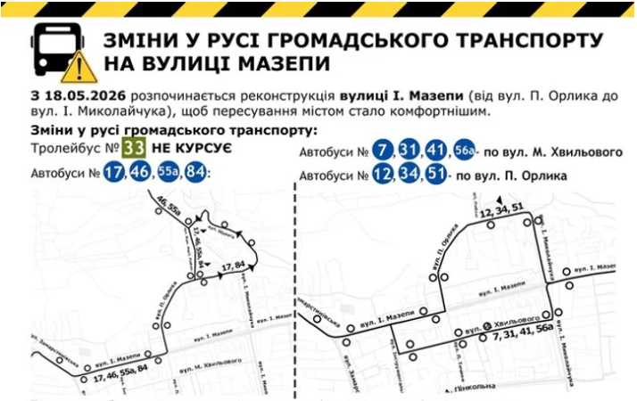 Через закриття вул. Мазепи на ремонт громадський транспорт курсуватиме зі змінами